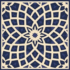 Stylised decorative Islamic tiles with geometric and floral  motifs. Strapwork, wall decoration, traditional art, geometric patterns, tile work, seamless. AI generated digital design. 