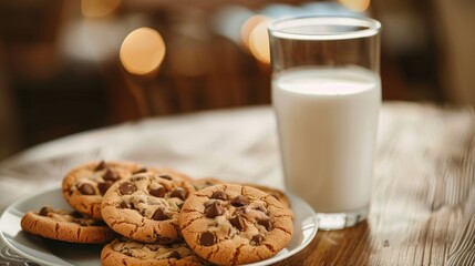 Plate of freshly baked cookies and glass of milk on wooden table