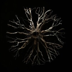 A macro close up of radial roots on black background. Science, biology, species, radial plants, laboratory, research concept. AI generated image. 