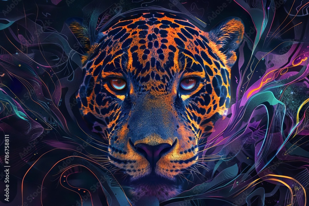 Wall mural majestic jaguar face luminescent design with swirling patterns abstract animal art digital painting