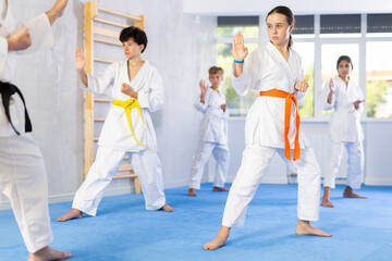 Fototapeta na wymiar In gym, certified master coach conducts karate kata lesson with children boys girls team students group and shows sequence of actions when conducting close fight