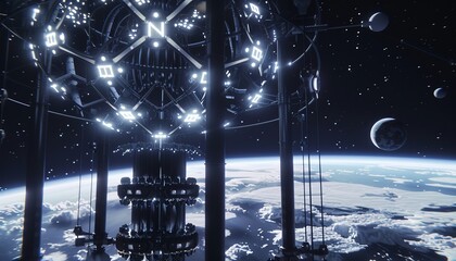 A space station backdropped by Earth’s horizon. Fictional futuristic space laboratory navigating by AI pilots. 