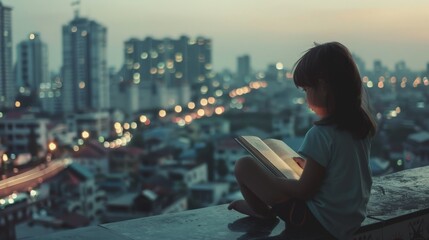 A reflective moment as a child pauses in their reading to look out over the city from their rooftop retreat, the juxtaposition of the quiet