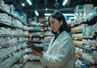 Healthcare, pharmacist or woman with tablet for prescription of medicine, pills and supplements on shelves. Pharmaceutical, chemistry or pharmacy as drugstore, technology and internet to check stock