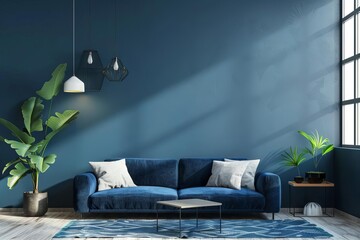 minimalist living room interior with blue accent wall and modern furniture 3d rendering