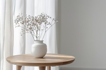 minimalist scandinavian interior with round wooden table and white flower vase