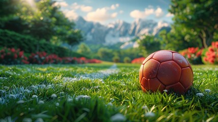 Ball lying on green grass. various sport equipments. banner with copy space for summer sport.