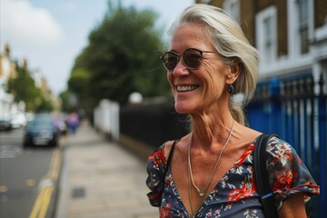 Portrait of happy senior woman walking on the street in London.