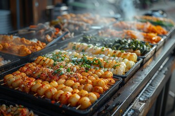 Street food station with variety of Korean snacks, focusing on skewers with vibrant, spicy sauces and garnishes