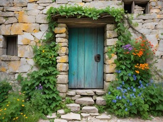 Fototapeta na wymiar old stone door and flower
