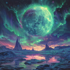 Surreal Alien Landscape with Luminous Celestial Bodies