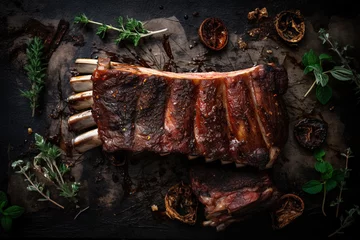 Fotobehang Grilled ribs with spices and herbs on dark background, top view © LAYHONG