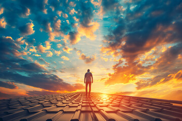 Man walking on infinite roof towards the sky