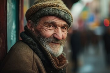 Portrait of an elderly man with a gray beard on the street.