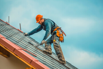 roofer ,carpenter working on roof structure at construction site