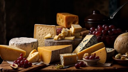 Cheese platter with variety of cheeses on rustic background