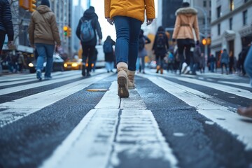 A ground-level perspective of a pedestrian walking across the street in a busy city, with taxis in the background