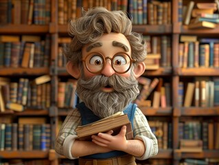 Happy 3D cartoon bearded man in a library, surrounded by books background - obrazy, fototapety, plakaty