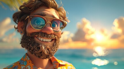 Happy 3D cartoon man with a beard holding a cup of coffee, sunrise orange background - obrazy, fototapety, plakaty