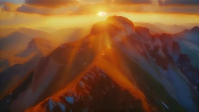 Aerial view of Beautiful sunrise over a majestic mountain hill