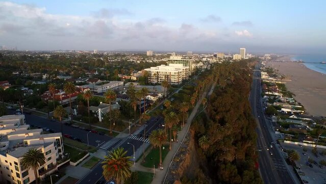 Aerial Panning Beautiful View Of Buildings In Residential City On Hill By Beach - Santa Monica, California