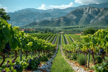 Fototapeta premium Beautiful green vineyard rows lead to distant mountains under a clear blue sky, showcasing agrarian beauty