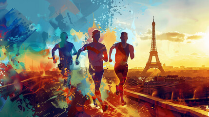 Athletes running with the Eiffel tower in Paris, France. 2024 Olympic games. Summer artwork. Sports cover design. Abstract background. Generated AI - obrazy, fototapety, plakaty