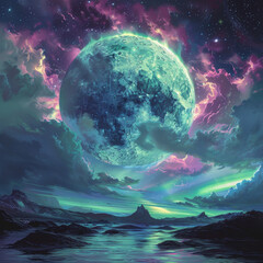 Luminous Moon over Mystical Aurora Landscape