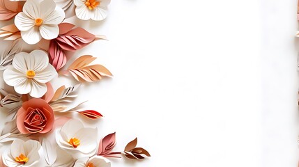 Elegant paper flowers and leaves on a pure white background. Generative AI