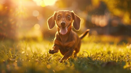 Dachshund puppy romping in yard during sundown with tongue hanging out - obrazy, fototapety, plakaty