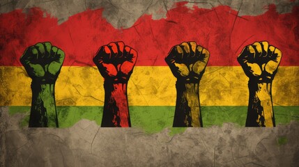 Raised fists drawing on stone wall in the colors yellow, green, and red. Juneteenth Freedom and African liberation day. Black life matters. Black history month.