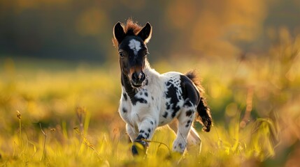 Miniature foal horse in a field with adorable black and white markings