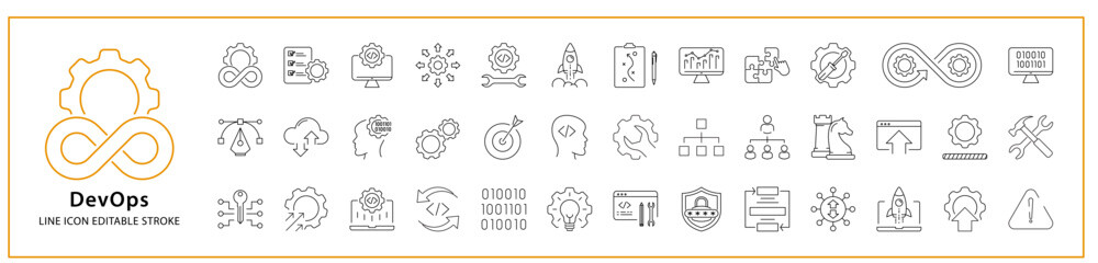 DevOps Icon Set. DevOps Icons. DevOps Line Icons. Vector Illustration. Editable Stroke.