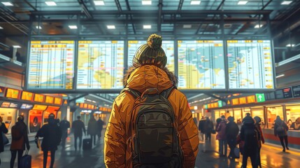 An image of a cartoon tourist checking a giant, colorful map in the middle of a busy airport terminal - obrazy, fototapety, plakaty
