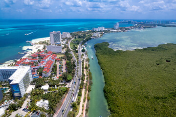 Fototapeta na wymiar Aerial view of Cancun Hotel Zone, Mexico