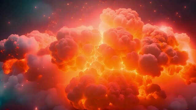 A closeup of Nuclear explosion mushroom cloud on a black background. Fire and light effects in yellow, orange, and red. The concept of nuclear war with the use of atomic bombs