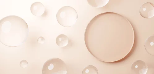 Fotobehang ベージュ背景に円形のガラスの台座。複数の球体が浮いている空間。俯瞰。コピースペース。3D（横長） © nanako