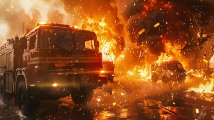 A scene of calculated chaos where firefighters, amidst flying sparks and roaring flames, maneuver massive vehicles and deploy advanced technology to orchestrate a defense against the encroaching fire