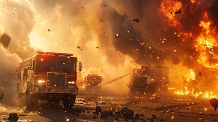 A scene of calculated chaos where firefighters, amidst flying sparks and roaring flames, maneuver massive vehicles and deploy advanced technology to orchestrate a defense against the encroaching fire