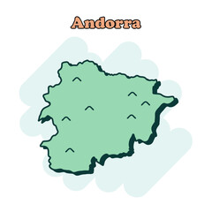 Andorra cartoon colored map icon in comic style. Country sign illustration pictogram. Nation geography splash business concept.	
