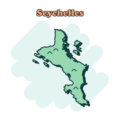 Seychelles cartoon colored map icon in comic style. Country sign illustration pictogram. Nation geography splash business concept.	
