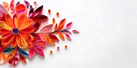 Vibrant quilled paper flowers arranged in a circular bouquet background.  Generative AI