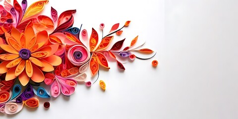 Vibrant quilled paper flowers arranged in a circular bouquet background.  Generative AI
