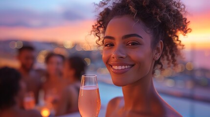 Magazinestyle shot of a group of friends at a luxury rooftop party, panoramic city view at night, celebrating with sparkling drinks - obrazy, fototapety, plakaty