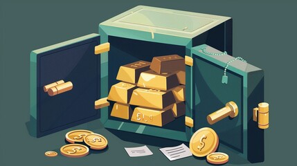 An open safe filled with gold bars, documents, and coins, denoting secure investments , simple vector cartoon