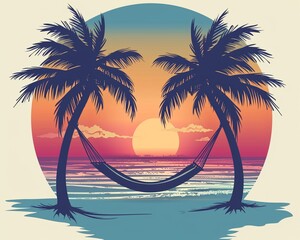 Two palm trees with a hammock strung between them, a sunset in the background , simple vector cartoon