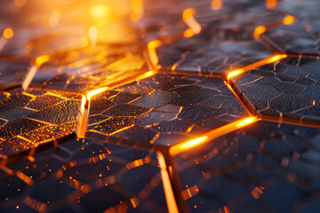 Futuristic Solar Panel Circuitry at Sunset - obrazy, fototapety, plakaty