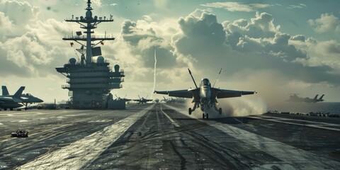 A powerful composition featuring a solitary jet in the foreground taking off, with the vast carrier and the expanse of the warzone stretching out in the background