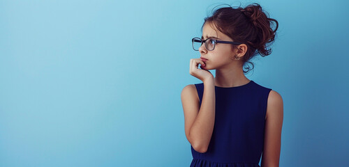 A teenage girl wearing a dark blue dress stands against a light blue background, her glasses perched on her nose as she deep in thought, her expression reflecting contemplation and introspection - obrazy, fototapety, plakaty