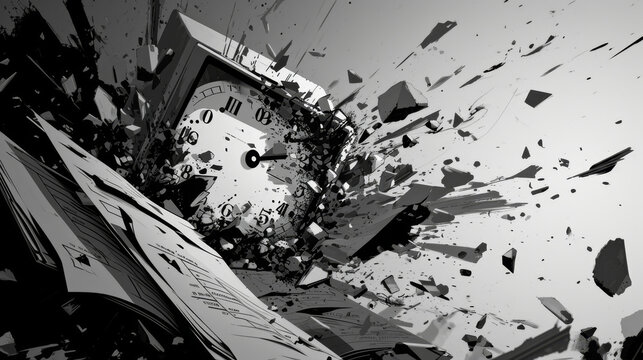 Temporal Shatter: Monochrome Abstract of an Exploding Clock